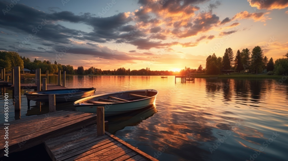 Fototapeta premium Serene Lake Scene at Sunset with Boats