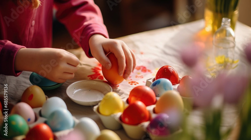 Child hand holding colored Easter eggs for painting close up