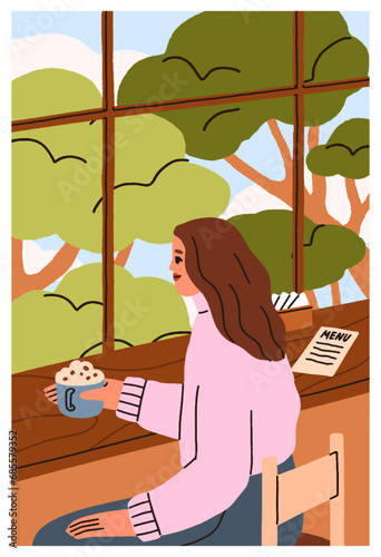 Woman with coffee cup, sitting at cafe table, looking through window on sprin...