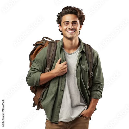 Smiling college student welcomes new school day on transparent background. Back to school concept.