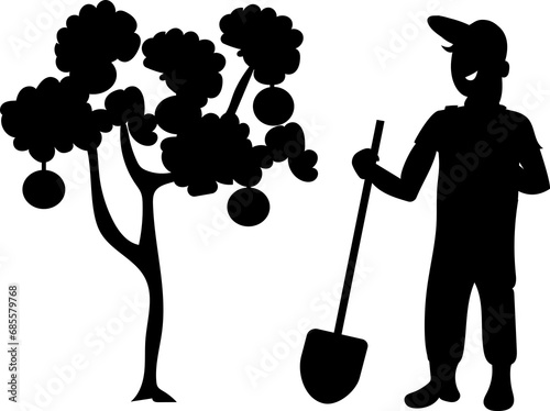 A gardener stands with a shovel near an apple tree with red apples. Illustration on a transparent background. Cartoon.  Silhouet