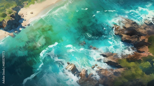 A coastal bird s-eye view of a sandy peninsula with turquoise waters on one side and a rough sea on the other.