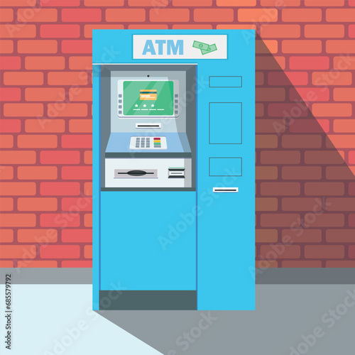 Vector illustration of an ATM. A cartoon scene with an ATM machine for issuing and receiving money using bank cards isolated against a brick wall. Self-service ATM.