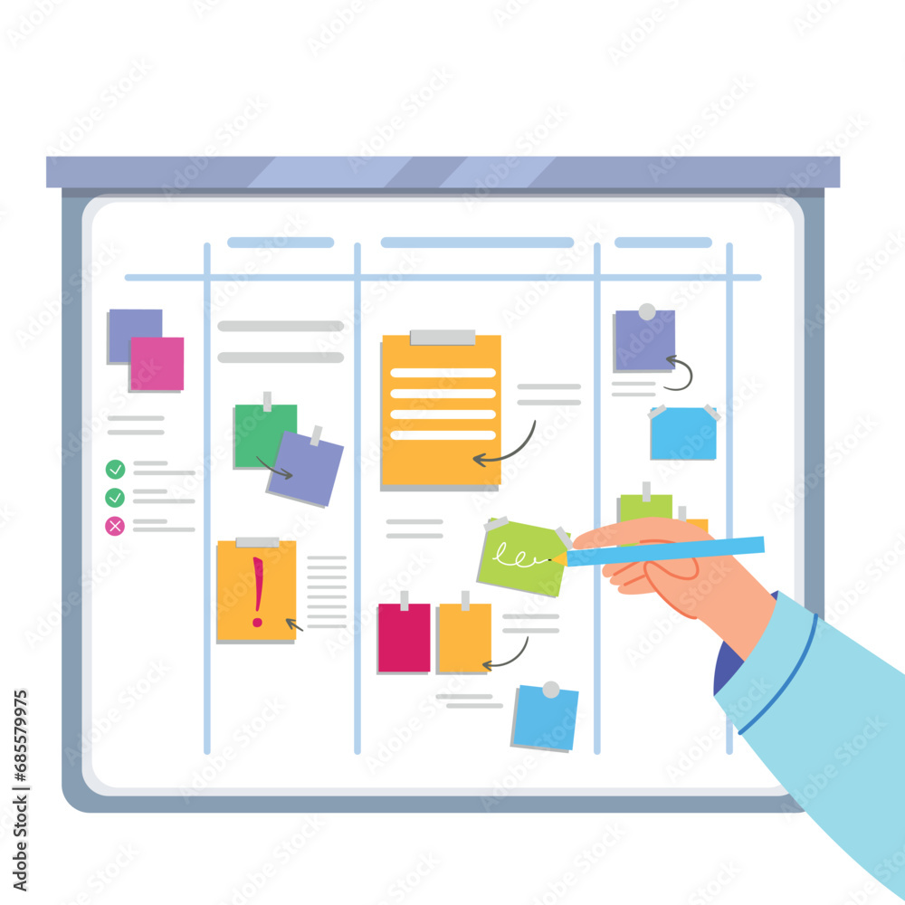 Vector illustration of a white board for planning tasks. Cartoon scene with a hand holding a pen and writing, stickers with magnets, a list with green ticks. Business strategy. Vector illustration of a white board for planning tasks. Cartoon scene with a hand holding a pen and writing, stickers with magnets, a list with green ticks. Business strategy.