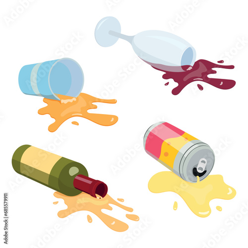 Set of spilled liquids in cartoon style. Vector illustration of different spilled liquids: glass with spilled juice, glass of spilled red wine, bottle of white wine, energy drink on white background.