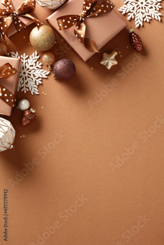 Aesthetic Christmas vertical flat lay composition with gift boxes, baubles, snowflakes on brown background. Top view, space for text.