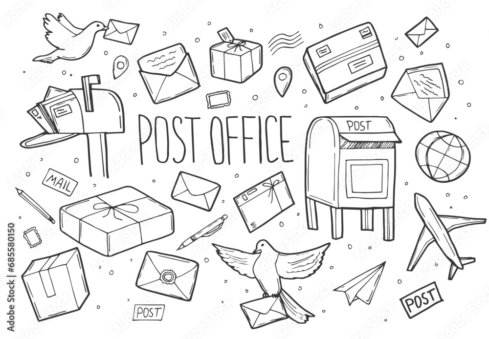 Hand drawn Post office doodle set sketches isolated on white background