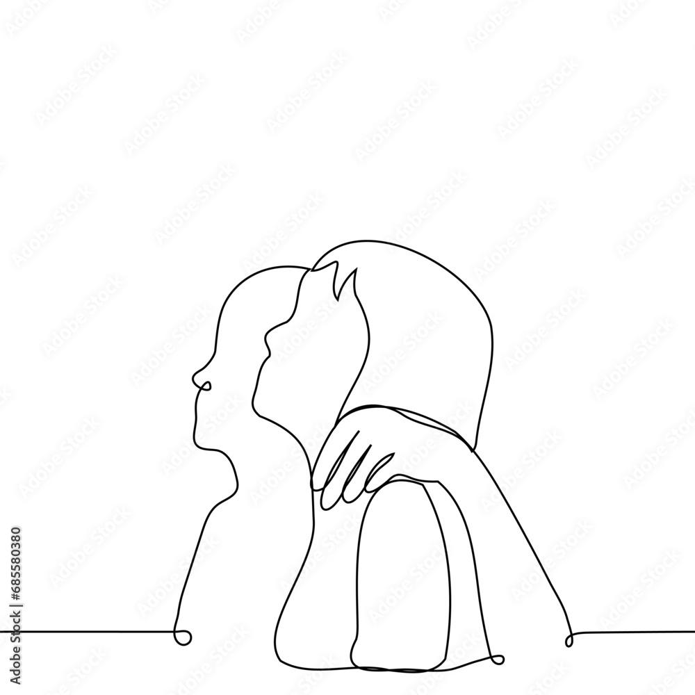 woman hugs a woman, they stand in profile and look up - one line art vector. concept looking in one direction, friends or couple woman hugs a woman, they stand in profile and look up - one line art vector. concept looking in one direction, friends or couple