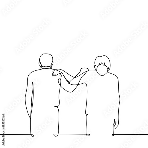 men stand opposite each other and side by side, their palms on their neighbor's shoulder - one line art vector. concept dramatic scene of support or distancing