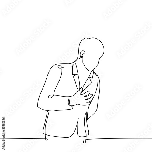 man in a jacket leaned over a little holding his hand on his heart - one line art vector. concept express respect, bow, declaration of love, gentleman, speak from the heart, heart attack