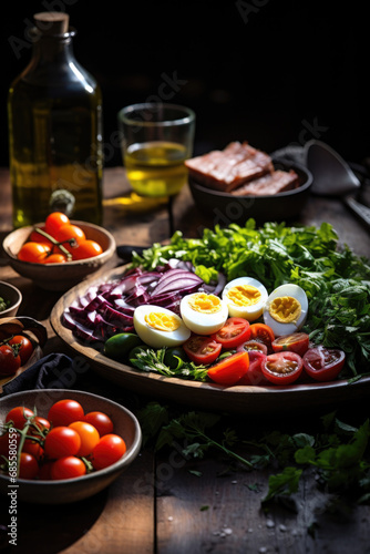 Salade Nicoise surrounded by its ingredients on wooden table.