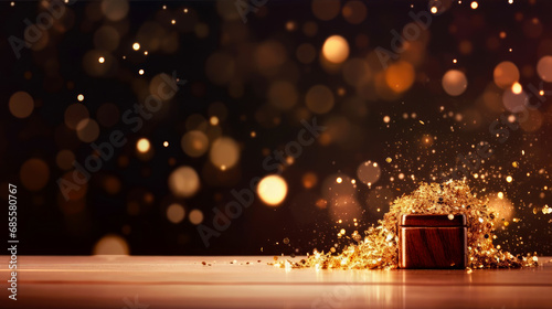 Empty wooden table top with gold shiny bokeh. Festive, Christmas, New Year background for product placement or montage with focus to the table top.