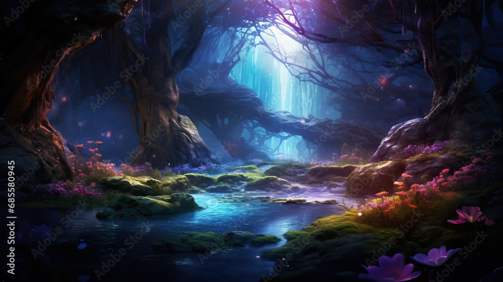 A mysterious forest landscape with fantastic plants glowing in the night darkness.
Illustration of a magic tree, mushrooms and flowers growing in a clearing