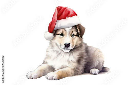 Watercolor of husky puppy wearing a red Christmas hat, happy puppy © arhendrix