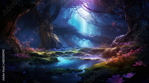 A mysterious forest landscape with fantastic plants glowing in the night darkness. Illustration of a magic tree, mushrooms and flowers growing in a clearing