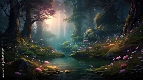 A mysterious forest landscape with fantastic plants glowing in the night darkness. Illustration of a magic tree, mushrooms and flowers growing in a clearing © Diana Galieva