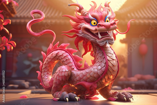 Chinese dragon illustration, light red and light bronze, rich and colorful stories