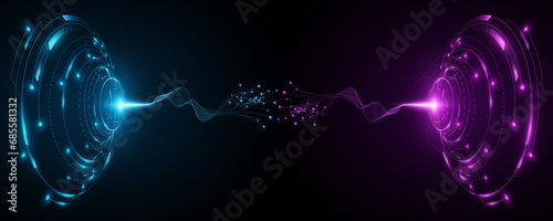 Futuristic HUD circles with glowing neural connectors into cyberspace. Big data analysis. Digital sci-fi element. UI and GUI design. Technology background. Vector illustration.
