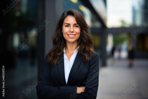 Smiling confident adult businesswoman standing outside the office with crossed arms. Elegant entrepreneur female. 