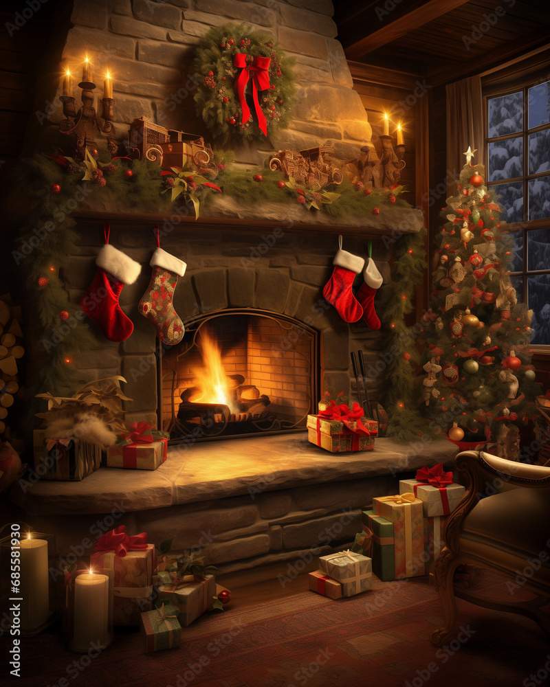cozy scene of a fireplace adorned with crackling firewood and festive stockings, evoking warmth and holiday cheer - Generative AI