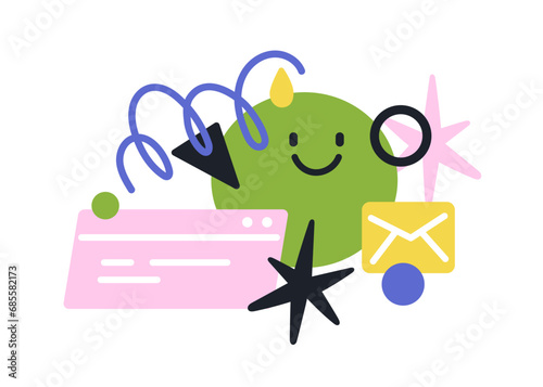 Abstract geometric shapes, creative elements, happy circle face and messages,...