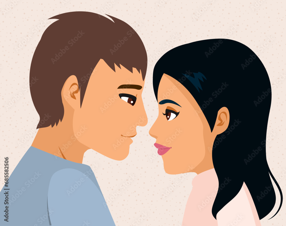 Portrait of romantic man and woman looking at each other first kiss concept illustration. Romance, passion and tenderness between male and female character