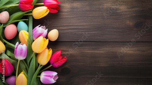 Spring tulips and colorful Easter eggs on the wooden background top view. Stylish spring template with space for text. Greeting card or banner