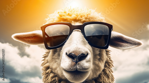 Sheep in sunglasses close-up. Anthopomorphic image. A fictional character for advertising and marketing. Humorous character for graphic design. photo