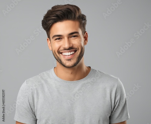 Young man with beautiful smile on grey background