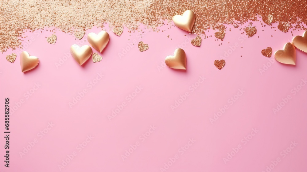 Golden confetti and pink hearts on a pink background, copy space. Background of Valentines day concept.
