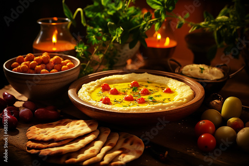 Overhead view of mezze platter of hummus and pita bread surrounded by fresh tomatoes  olives  and vegan tzatziki