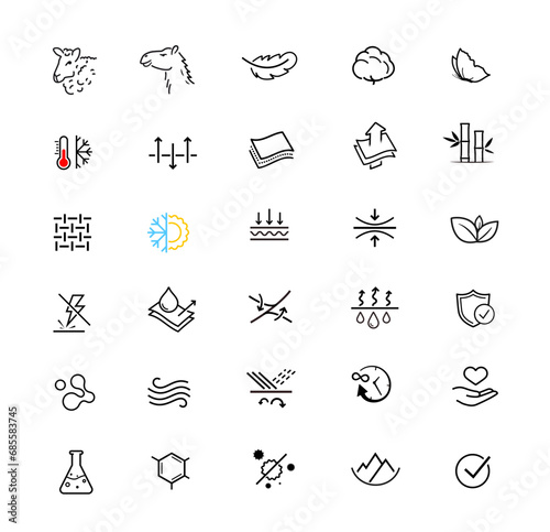 Set icons for fabric, clothing. Vector illustration. Isolated on white background. It can be used in the adv, promo, package, etc. EPS10.