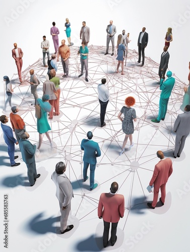 An interconnected web of diverse IT professionals collaborating on a shared project, with each individual contributing their unique expertise, surrounded. 3D Illustration photo