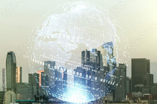 Double exposure of abstract programming language hologram and world map on Los Angeles city skyscrapers background, research and development concept