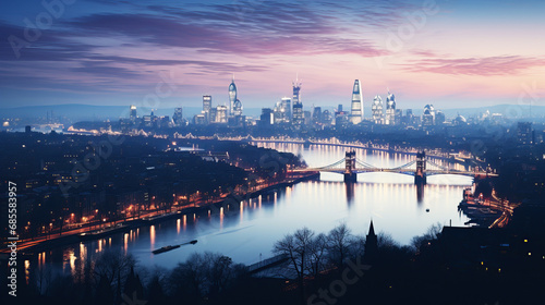 Panoramic view of a winter London city skyline at dusk, with the city lights reflecting off the icy surfaces and creating a magical