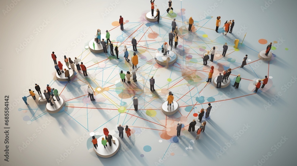 An interconnected web of diverse IT professionals collaborating on a shared project, with each individual contributing their unique expertise, surrounded. 3D Illustration - obrazy, fototapety, plakaty 