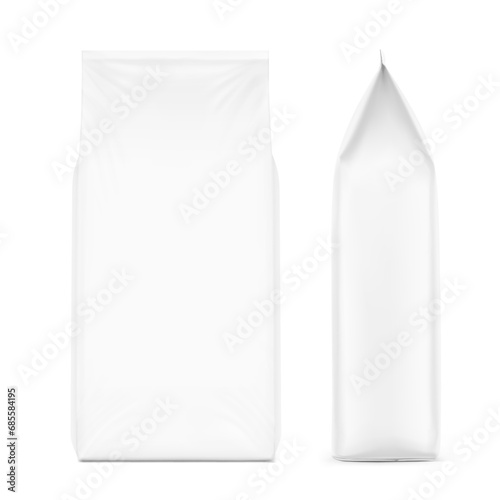Vertical bag mockup. Flat bottom gusset bag. Front and side view. High realistic. Vector illustration isolated on white background. Ready for use in presentation, promo, advertising and more. EPS10. photo