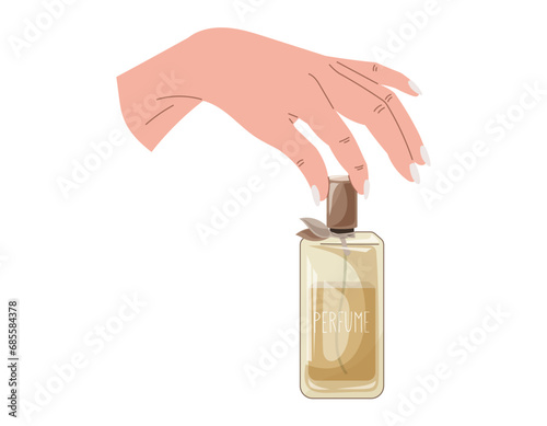 Elegant female hands with manicure holding a glass yellow bottle of perfume. Vector isolated fashion illustration, fragrant eau de parfum.
