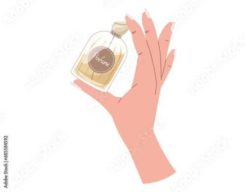 Elegant female hands with manicure holding a glass yellow bottle of perfume. Vector isolated fashion illustration, fragrant eau de parfum.