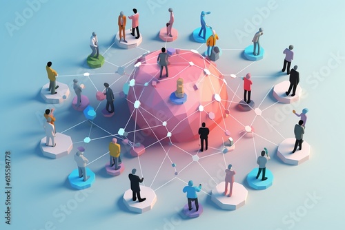 An interconnected web of diverse IT professionals collaborating on a shared project, with each individual contributing their unique expertise, surrounded. 3D Illustration photo