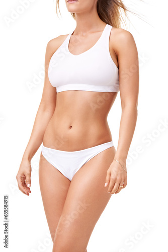 Health, fitness and body of woman in underwear for wellness, skincare and diet in studio. Confidence, stomach and isolated person in lingerie for cosmetics, lose weight and beauty on white background