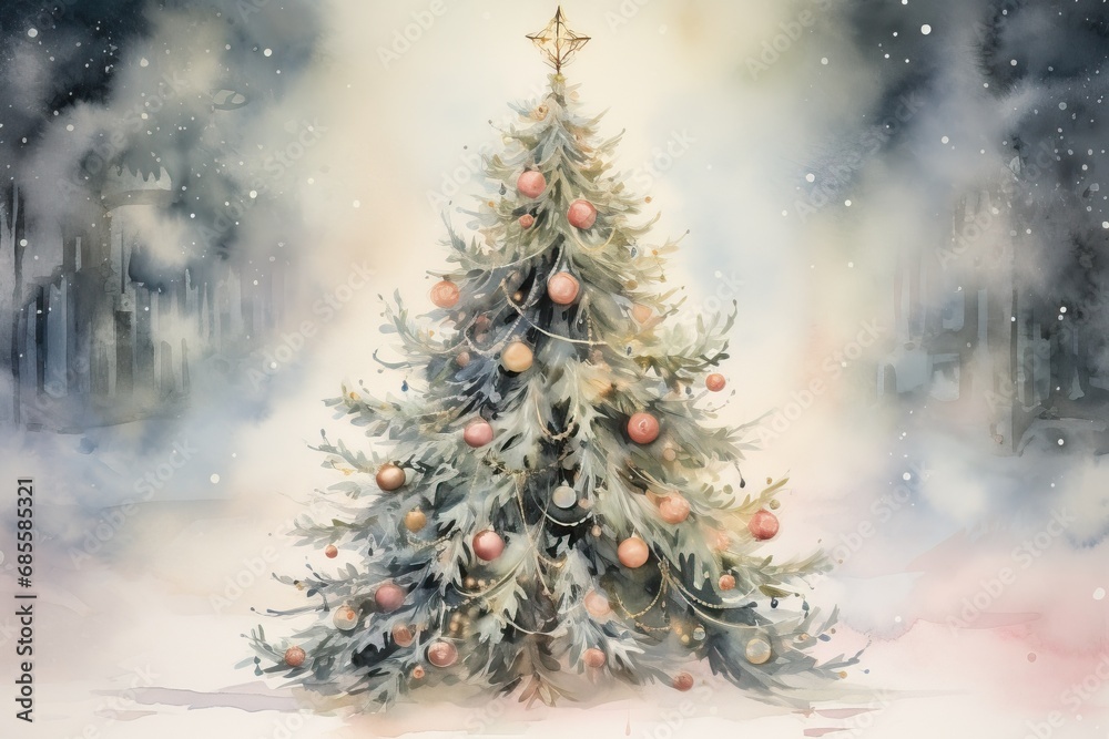 Watercolor illustration of a vintage Christmas tree, draped in vintage style garlands, softly illuminated by fairy lights, ethereal
