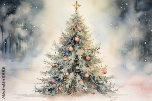 Watercolor illustration of a vintage Christmas tree, draped in vintage style garlands, softly illuminated by fairy lights, ethereal © Idressart