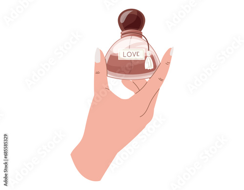 Elegant female hands with manicure holding a glass red bottle of perfume. Vector isolated fashion illustration, fragrant eau de parfum.