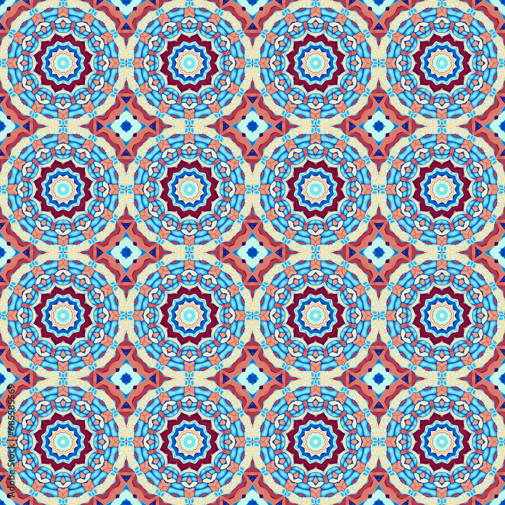 Seamless colorful patchwork from Azulejo tiles. Portuguese and Spain decor. Islam, Arabic, Indian, Ottoman motif.