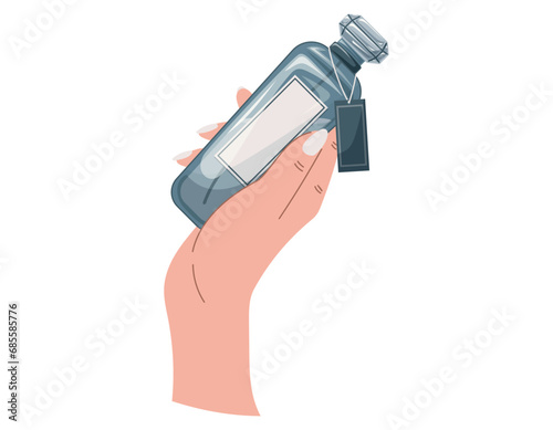 Elegant female hands with manicure holding a glass blue bottle of perfume. Vector isolated fashion illustration, fragrant eau de parfum.
