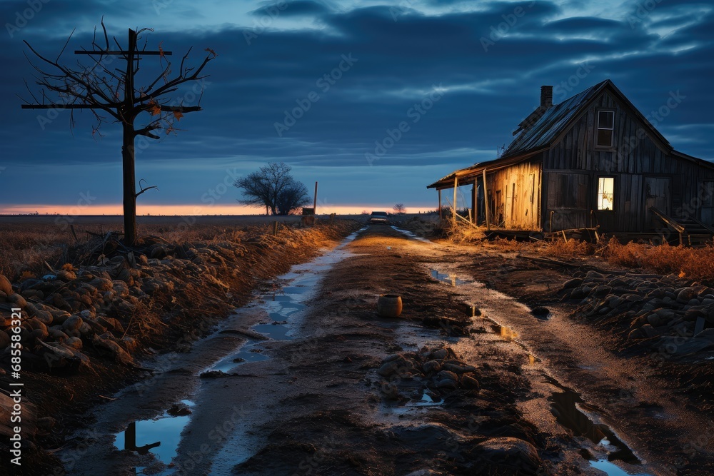 Beautiful view of countryside landscape of dreamlike, night cloudy sky over a rustic house in the American. Beautiful view of countryside landscape of dreamlike, night cloudy sky over a rustic house in the American.