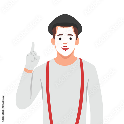 French mime icon, A mime shows a full length pantomime pointing his finger up. Flat vector illustration isolated on white background