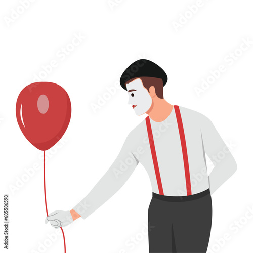 Man mime with balloon invites you to comedy theater performance with paraders and clowns. Mime circus actor guy with white face. Flat vector illustration isolated on white background