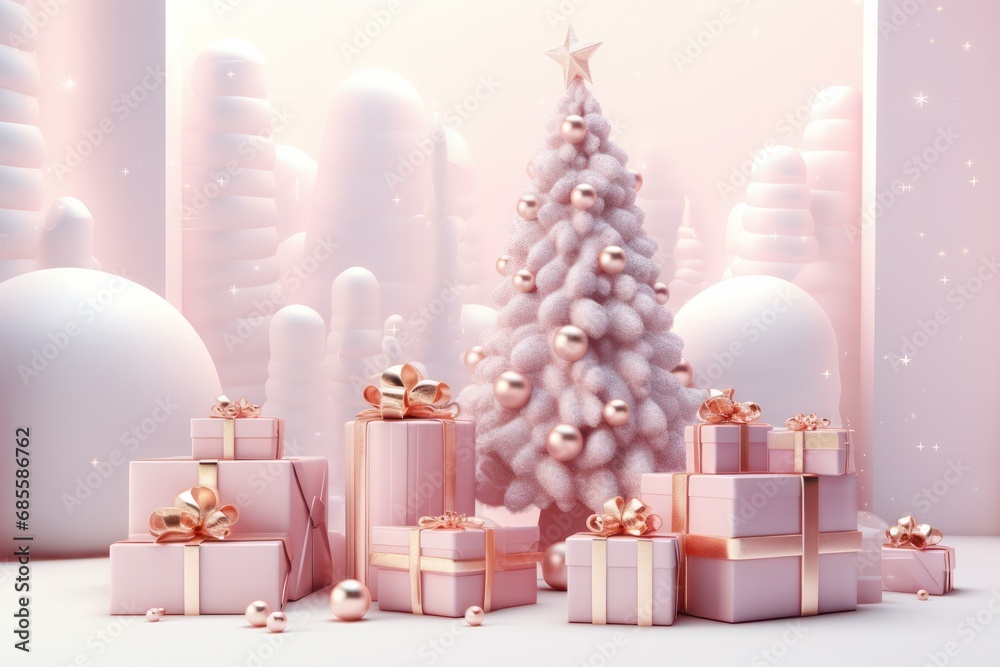 pastel pink minimal Christmas decoration podium 3d render with xmas trees and gift boxes minimal set design for cosmetics or product photography with copy space